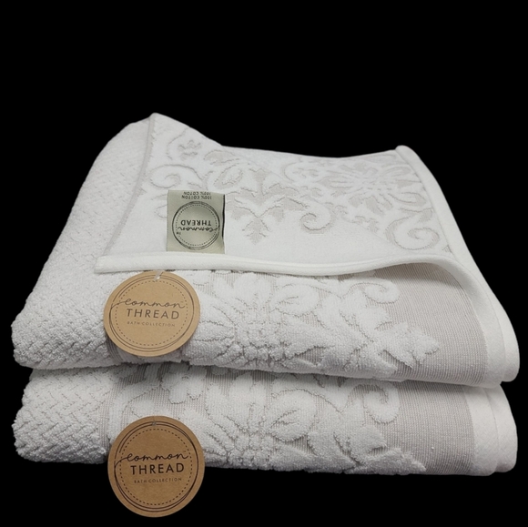 6 Piece COMMON THREAD Bath Hand Tip Towel Set Cream Scroll Jaquered Damask New - Picture 6 of 9